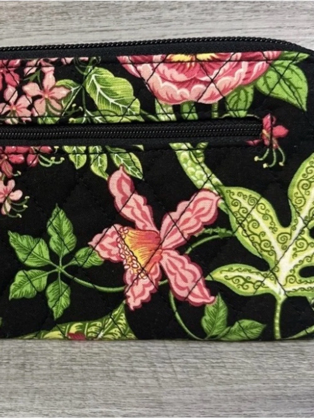 Vera Bradley Black Floral Zip Cosmetic Pouch with Pink & Green Blooms-Retired